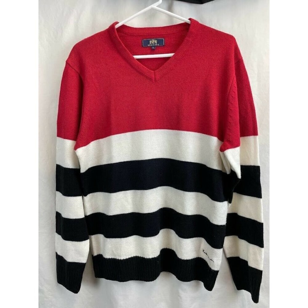 Designer Brand Red Tape Mens V Neck Sweater Red Cream Black Large Spellout @ Hem